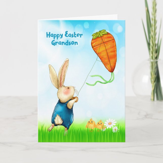 Easter for Grandson Rabbit Flying Carrot Kite Holiday Card (Front)