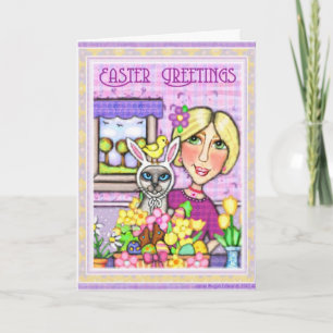 Easter Gift Basket Cat & Lady Greeting Card