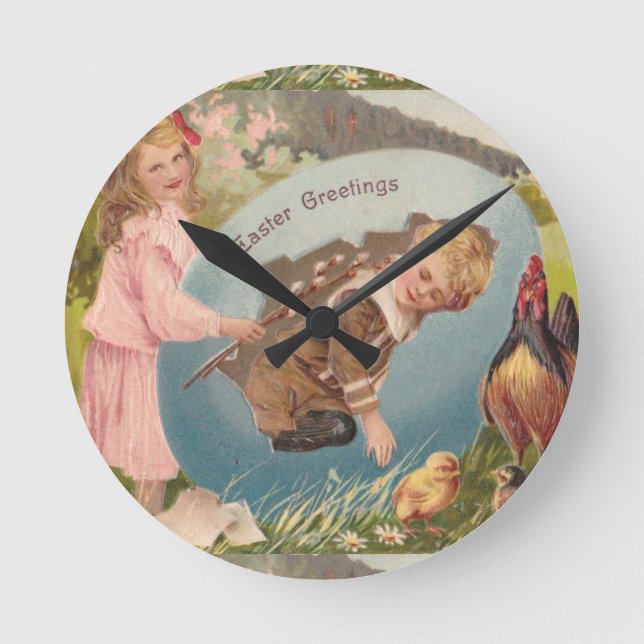 Easter Girl and Boy Victorian Antique Postcard Round Clock (Front)