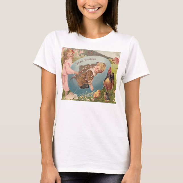 Easter Girl and Boy Victorian Antique Postcard T-Shirt (Front)