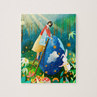 Easter Girl and Bunny Painting Giant Blue Egg Jigsaw Puzzle