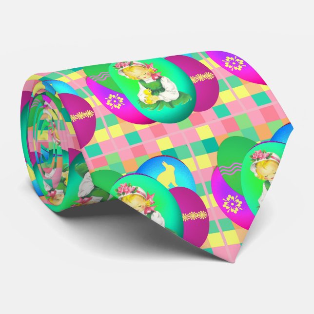 Easter Girl  Easter Chick and Easter Eggs Plaid Tie (Rolled)
