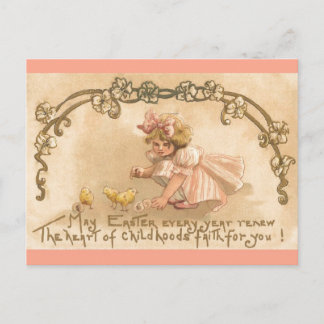 Easter- Girl Pink Dress Chicks - Antique Postcard