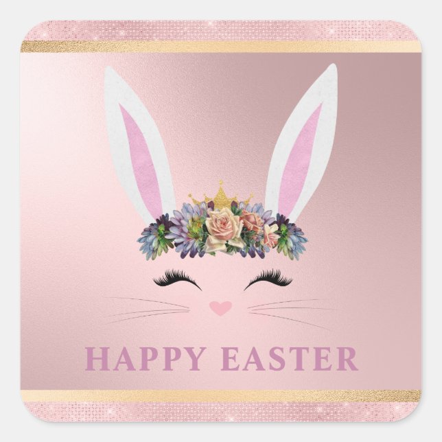 Easter Girly Blush Pink Floral Bunny Square Sticker (Front)