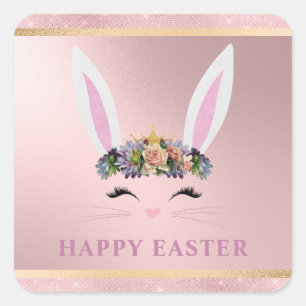 Easter Girly Blush Pink Floral Bunny Square Sticker