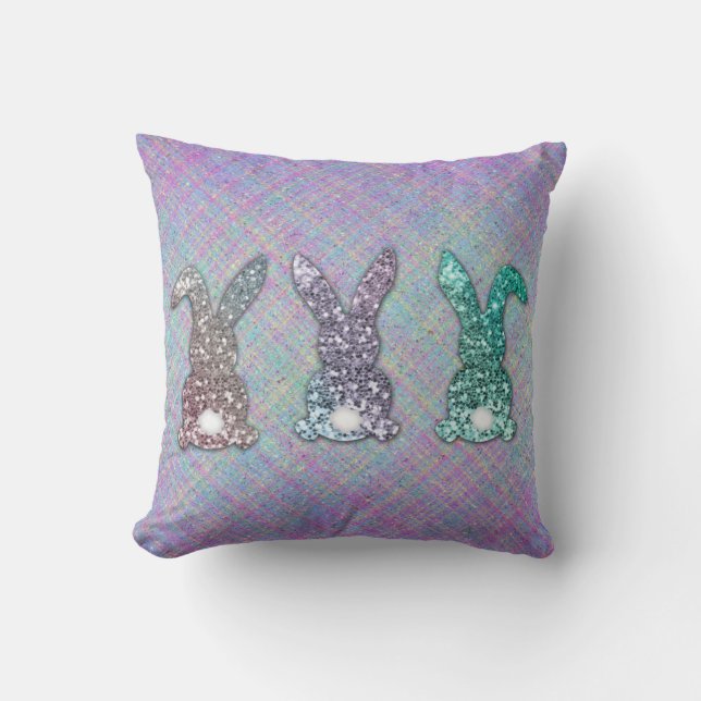 Easter Glitter Pastel Glam Bunnies On Plaid  Cushion (Front)