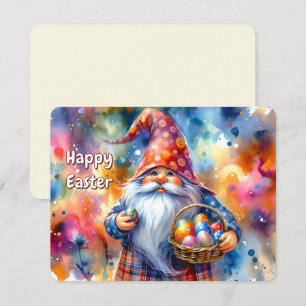 Easter Gnome holding Colourful Egg and Basket -  Holiday Card