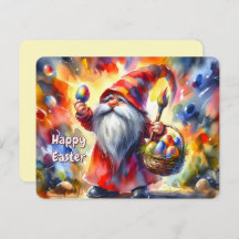 Easter Gnome holding Colourful Egg in Hand -