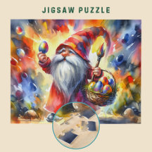 Easter Gnome holding Colourful Egg in Hand -