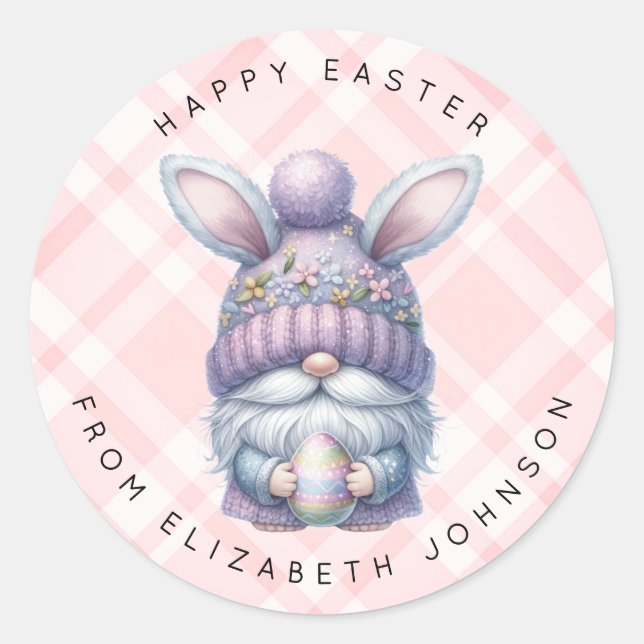 Easter Gnome Personalised Name Round Stickers (Front)