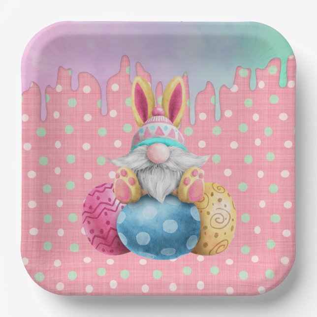 Easter Gnome Polkadot Eggs Icing Drips Paper Plate (Front)