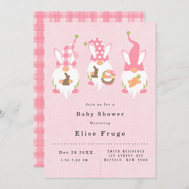 Easter Gnomes Pink Girl Baby Shower Invitation (Front/Back)