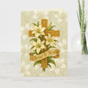 Easter Gold  Cross Lilies Christ is Risen  Holiday Card