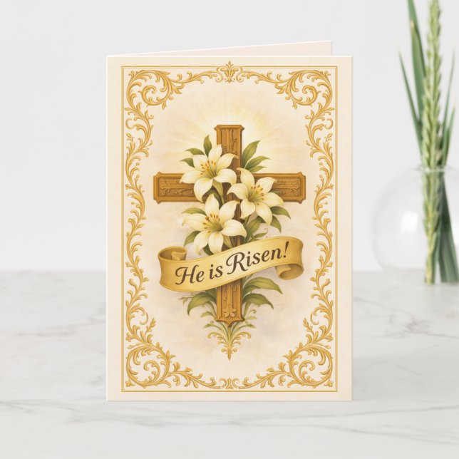 Easter Gold  Cross Lilies He is Risen Holiday Card (Front)