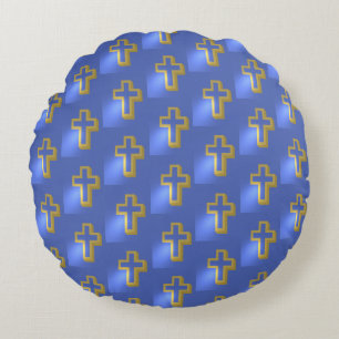 Easter Golden Christian Religious Lit Cross Blue Round Cushion