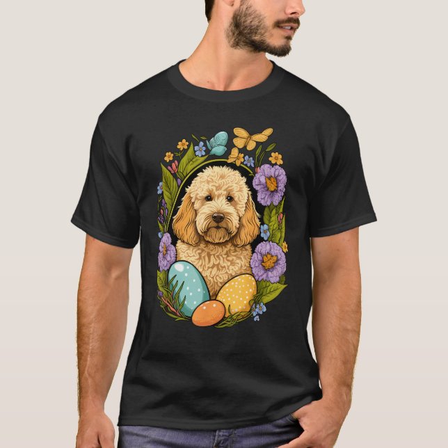Easter Golden Doodle Bunny Eggs Dog on Easter Gold T-Shirt (Front)