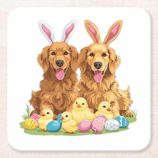 Easter Golden Retriever Dogs Bunny Ears Square Paper Coaster (Front)