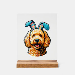 Easter Goldendoodle Dog Wearing Bunny Ears, Easter Acrylic Sign