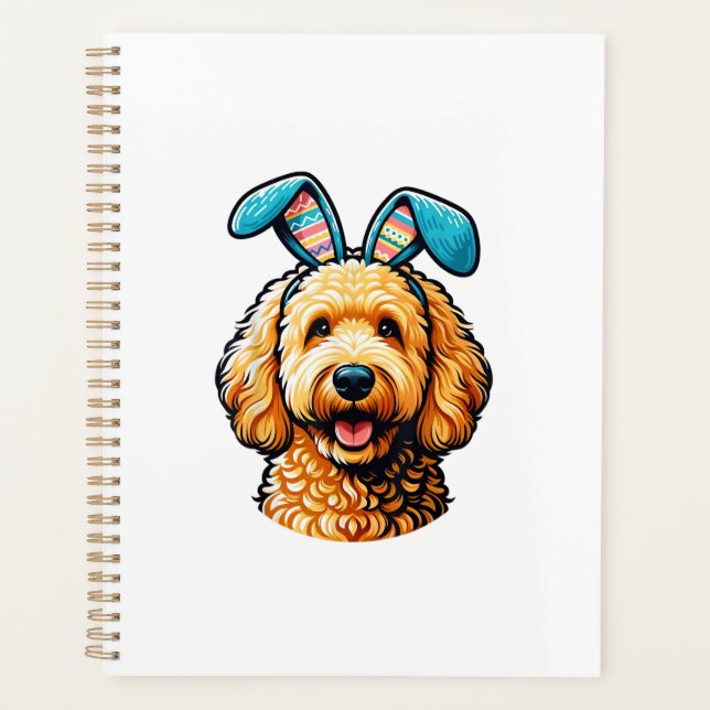 Easter Goldendoodle Dog Wearing Bunny Ears, Easter Planner (Front)