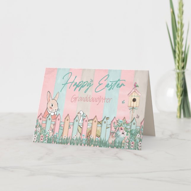 Easter, Granddaughter, Bunny Gardening, Fence Card (Front)