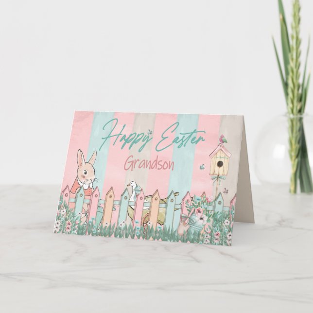 Easter, Grandson, Bunny Gardening, Fence Card (Front)