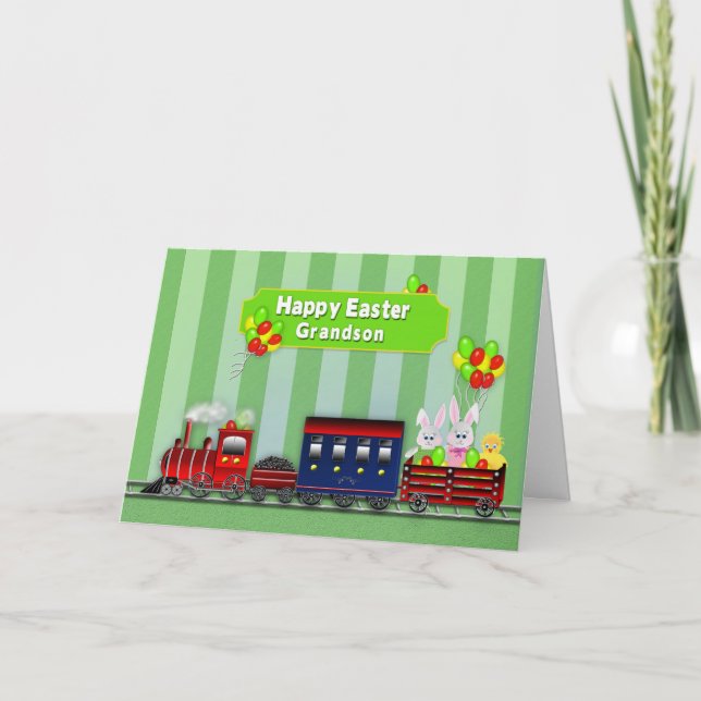 Easter - Grandson - Train/Bunnies/Balloons Holiday Card (Front)