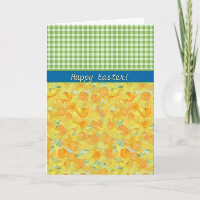 Easter Greeting Card, Daffodils and Check Gingham Holiday Card (Front)