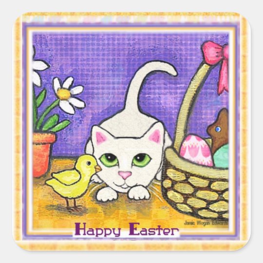 Easter Greeting Cute Cat & Chick Sticker