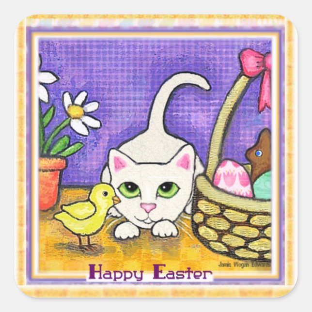 Easter Greeting  Cute Cat & Chick Sticker (Front)