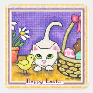 Easter Greeting  Cute Cat & Chick Sticker