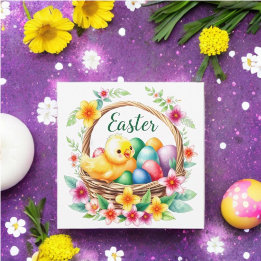 Easter greeting tropical chick and eggs holiday card
