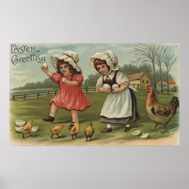 Easter GreetingLittle Girls Holding Eggs Poster (Front)