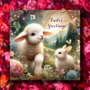 Easter Greetings Art Nouveau Lamb Bunny Woodland Holiday Card
