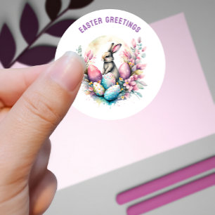 Easter Greetings Bunny and Eggs Custom Classic Round Sticker