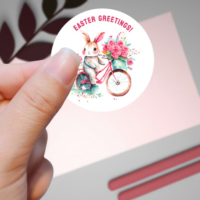 Easter Greetings Bunny on Floral Bike Custom Classic Round Sticker (Creator Uploaded)