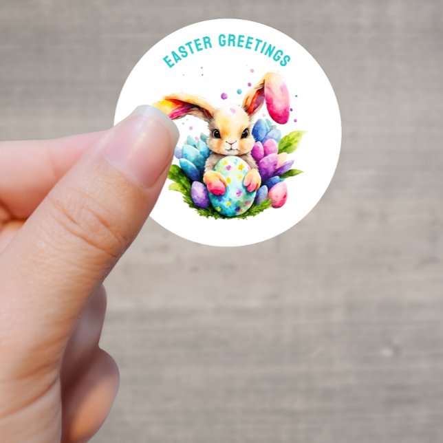 Easter Greetings Bunny Painting Eggs Custom Classic Round Sticker (Creator Uploaded)