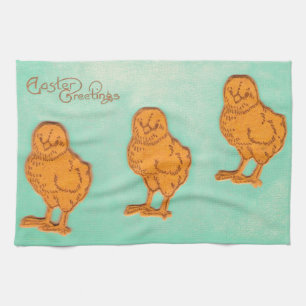 Easter Greetings Chicks Green Tea Towel