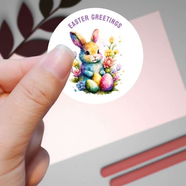 Easter Greetings Colourful Bunny Custom Classic Round Sticker (Creator Uploaded)