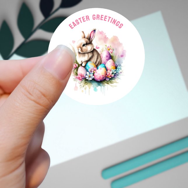 Easter Greetings Cute Little Bunny Custom Classic Round Sticker (Creator Uploaded)
