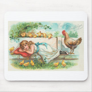 Easter Greetings Hen Chicks & Girl Vintage Mouse Mat