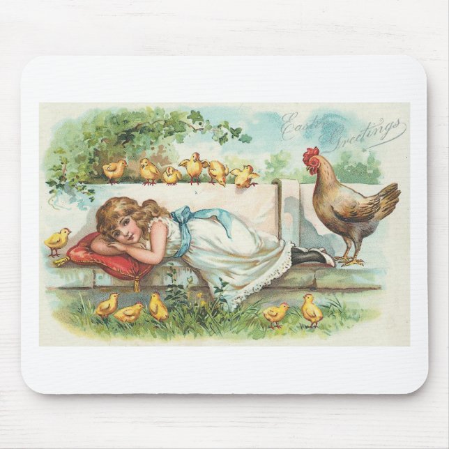 Easter Greetings Hen Chicks & Girl Vintage Mouse Mat (Front)