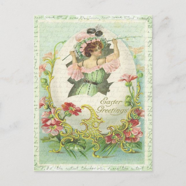Easter Greetings Vintage Egg Woman Floral Postcard (Front)