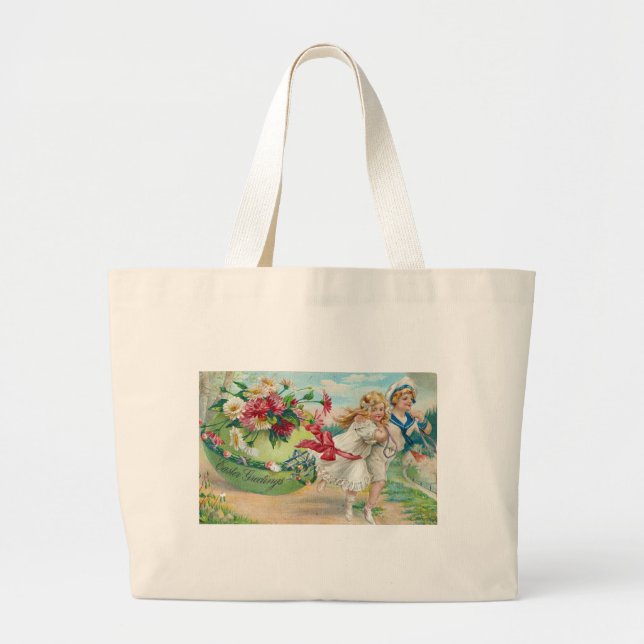 Easter Greetings Vintage Postcard Large Tote Bag (Front)