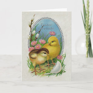 Easter Greetings Yellow Chicks Flowers Holiday Card