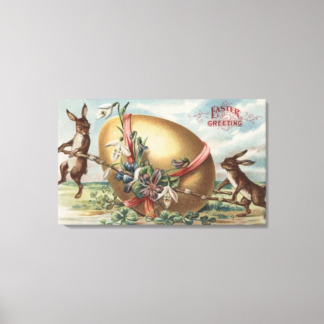Easter GreetingsRabbits by a Decorated Egg Canvas Print (Front)