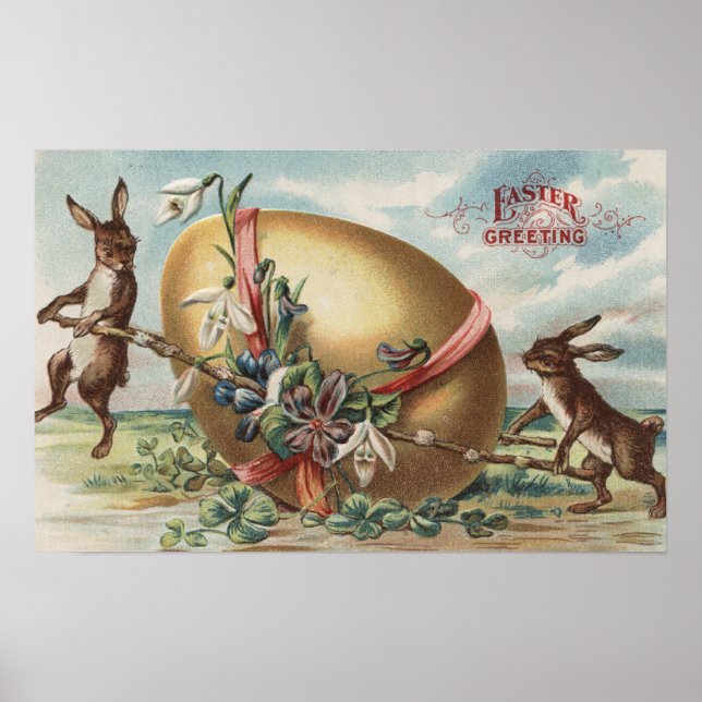 Easter GreetingsRabbits by a Decorated Egg Poster (Front)