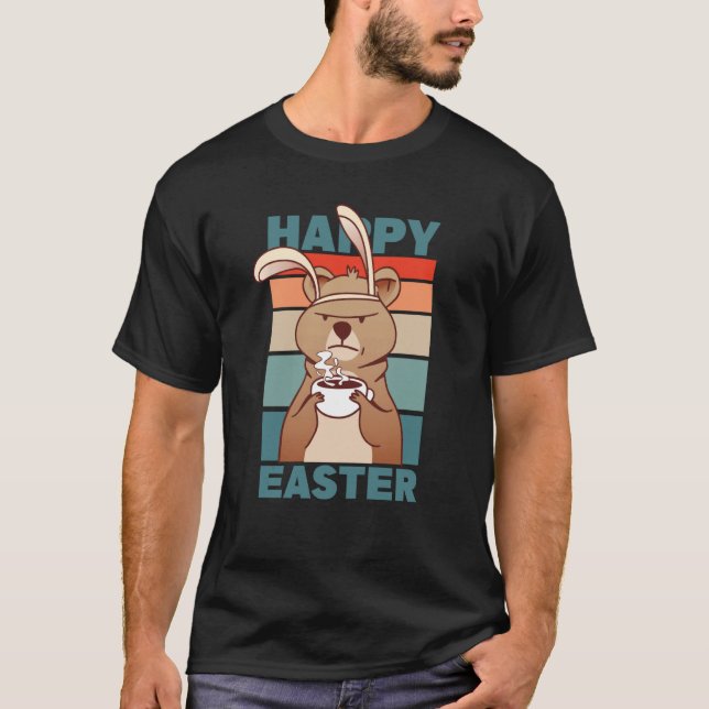 Easter Grumpy Bear with Rabbit Ear drinks Coffee T-Shirt (Front)