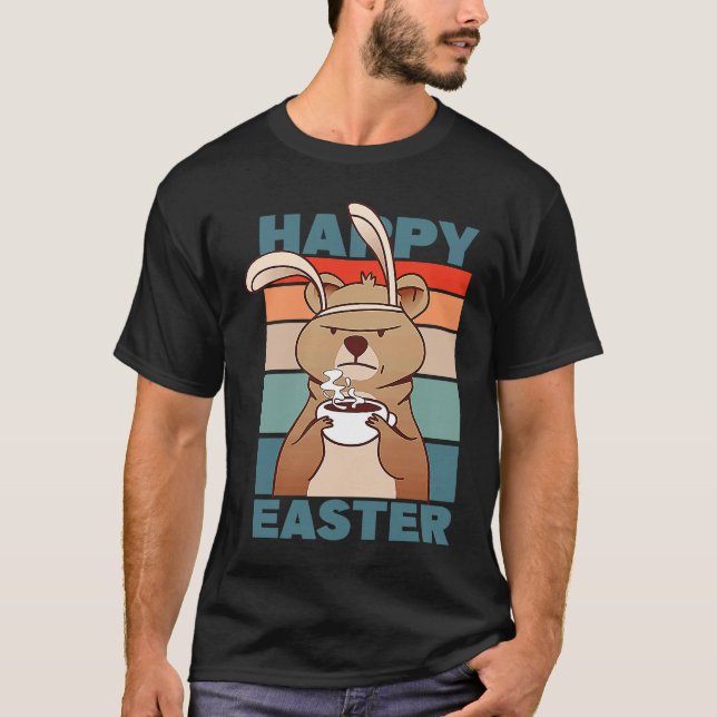 Easter Grumpy Bear with Rabbit Ear drinks Coffee T-Shirt (Front)