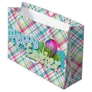 Easter - "Happy Easter" Word Art on Stripes Large Gift Bag