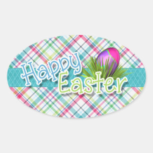 Easter - "Happy Easter" Word Art on Stripes Oval Sticker